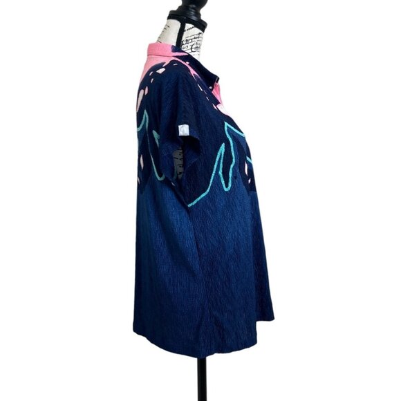 Jamie Sadock Women's Size M Top Abstract Print Zip Pink Blue Crinkle - Picture 2 of 7